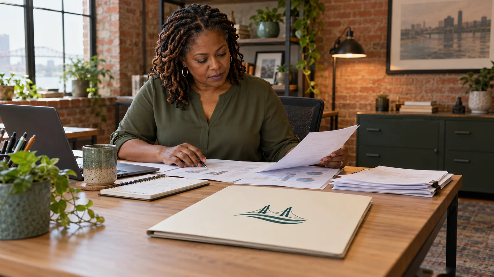 Business owner reviewing company records beside a folder bearing the river and bridge logo